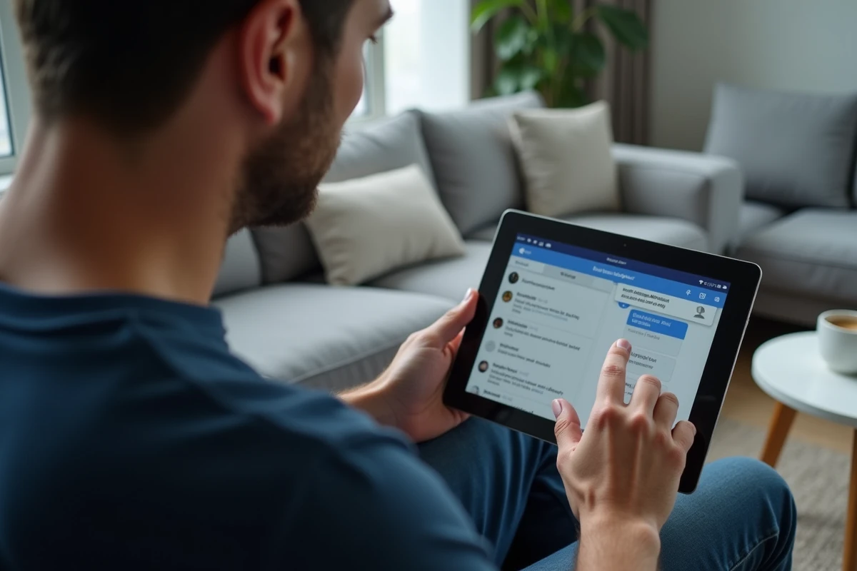 Homme utilisant une tablette pour annuler un sondage sur Messenger dans un salon moderne