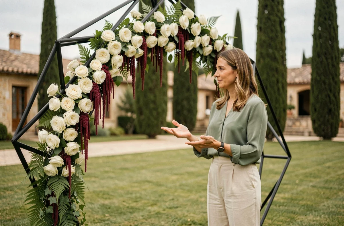 Wedding planner présentant une arche de mariage fleurie en métal noir avec roses blanches et amarante bordeaux dans une villa provençale