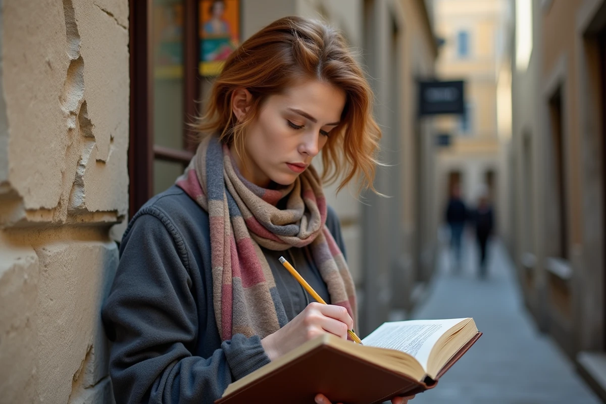 Femme en portrait dans les rues de Veynes avec écharpe colorée