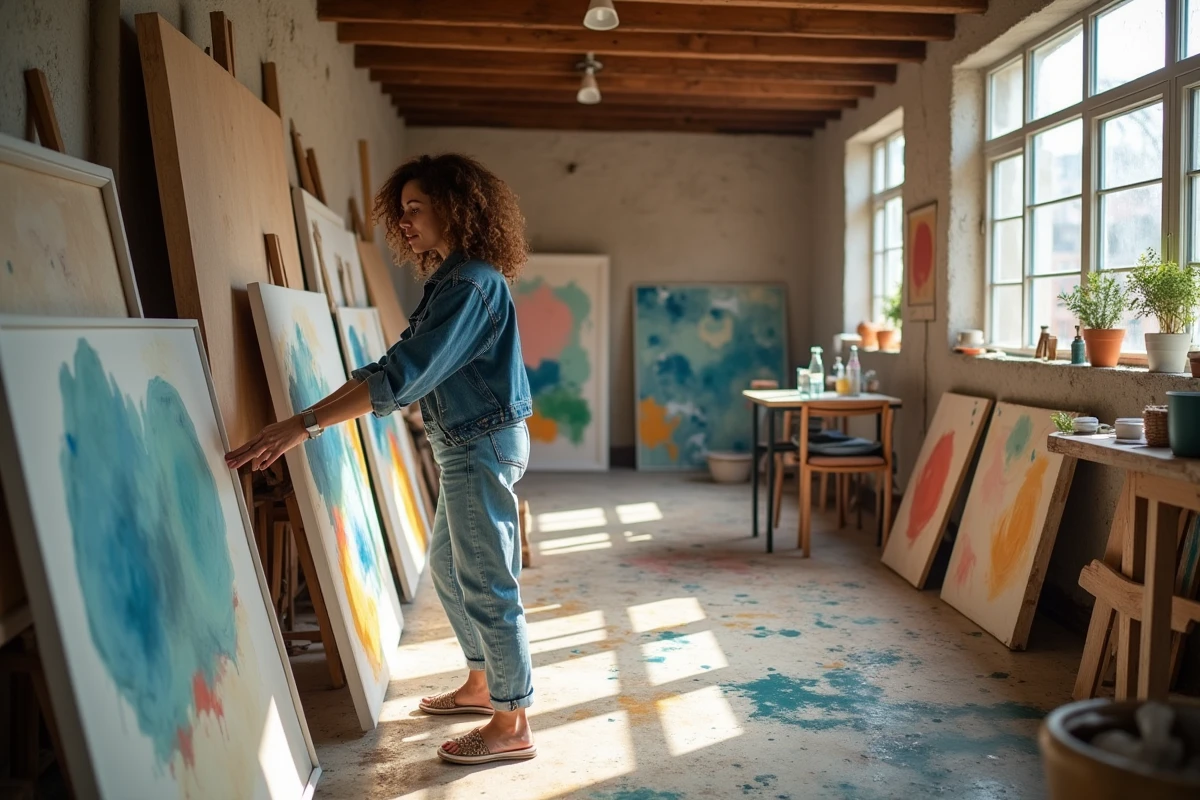 Clara Pésery dans son atelier avec toiles et outils artistiques