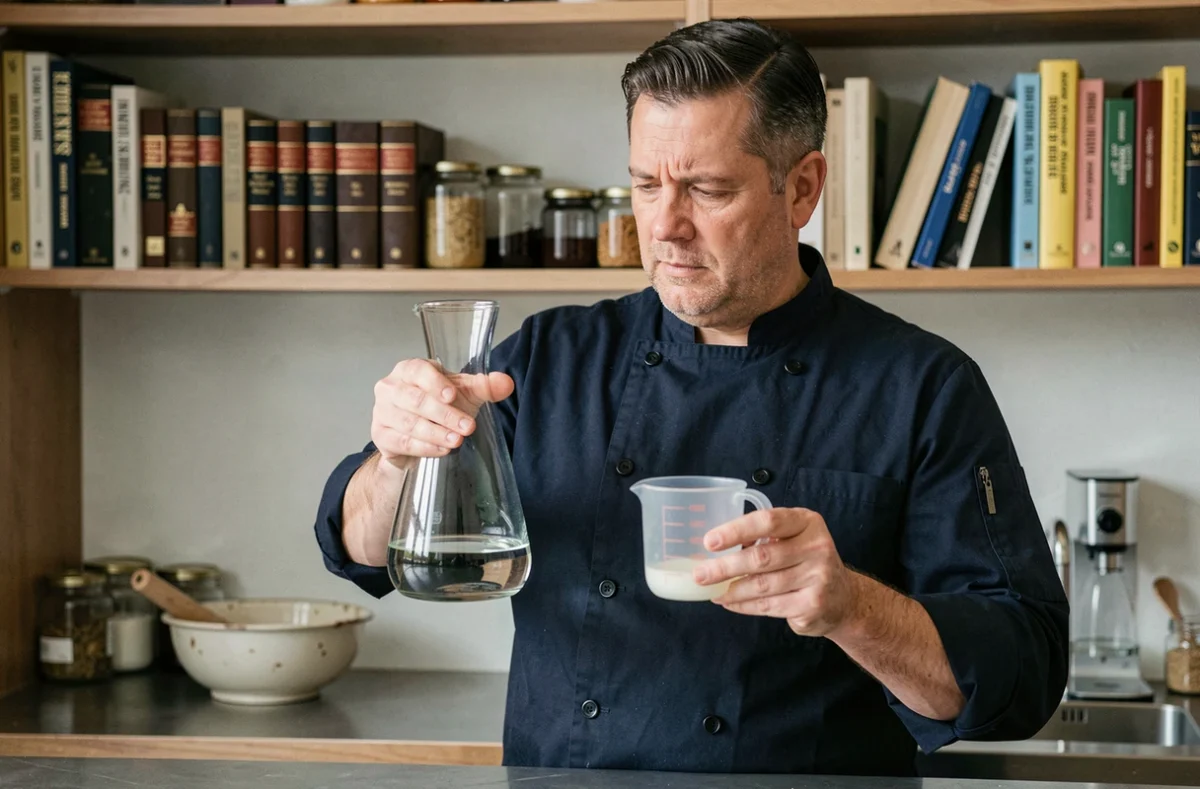 Homme chef comparant un verre doseur de 400 ml et une carafe d'un litre dans une cuisine professionnelle, conversion de volumes en cuisine