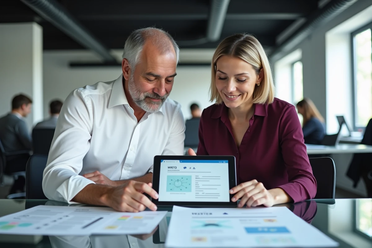 Deux professionnels collaborant sur une stratégie d'optimisation de site web lors d'une réunion dans un espace de coworking