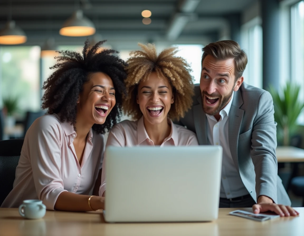 Groupe de collègues réagissant avec amusement devant un écran d'ordinateur à une news insolite au bureau