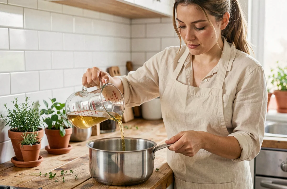 Femme versant 400 ml de liquide depuis un verre doseur dans une casserole en inox sur un plan de travail en bois, cuisine moderne
