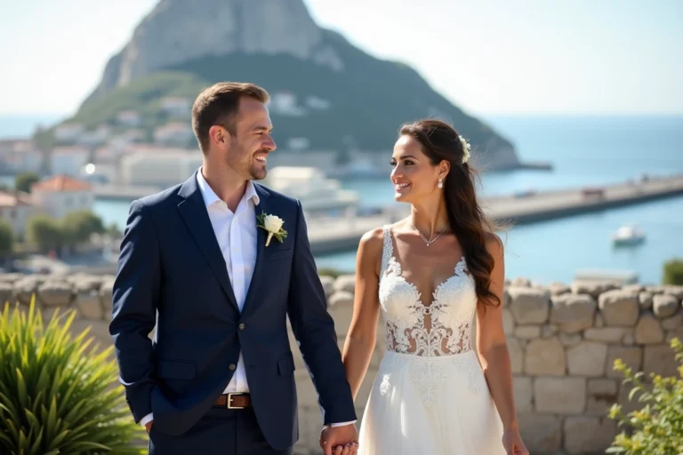 Couple souriant devant Gibraltar lors d’un mariage