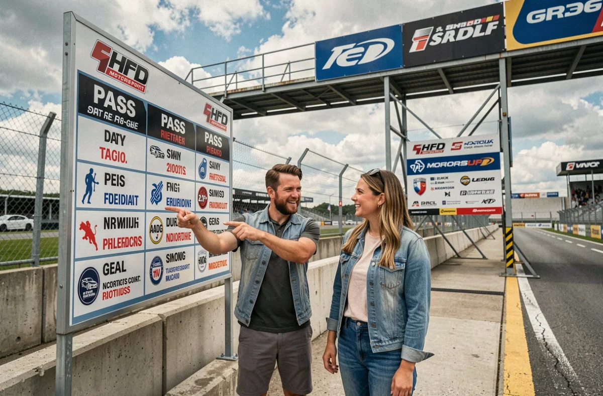 Couple lisant le panneau des formules et tarifs d'entrée devant l'entrée du circuit du Bol d'Or 2026