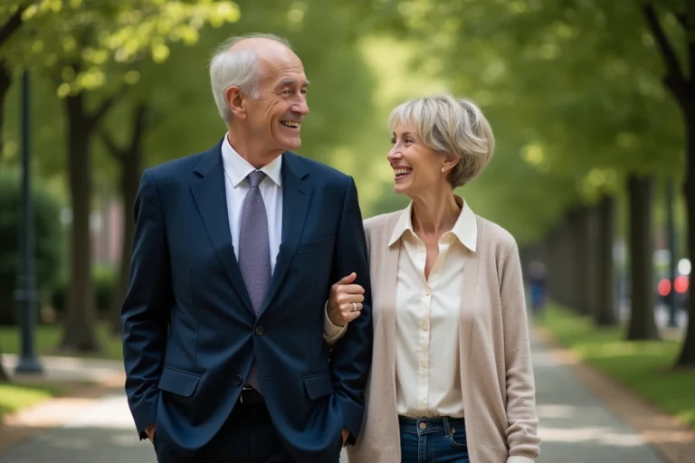 Couple élégant marche dans un parc urbain en été