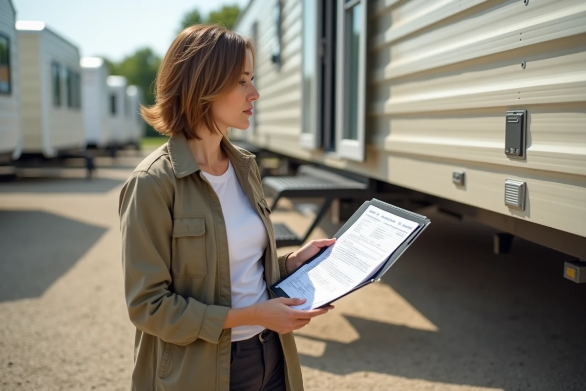 Femme décodant le numéro de châssis d'un mobil-home à l'aide d'un document de référence pour trouver l'année de fabrication