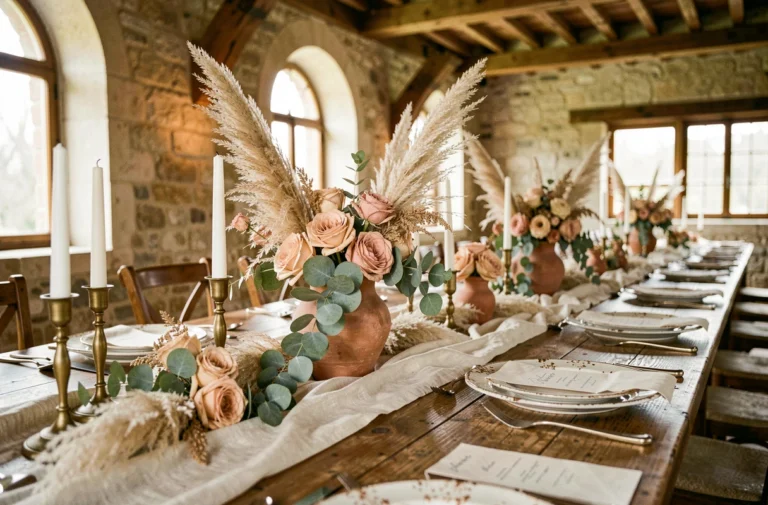 Décoration de table de mariage rustique chic avec des herbes de la pampa séchées, des roses blush et des bougeoirs dorés dans un château en pierre