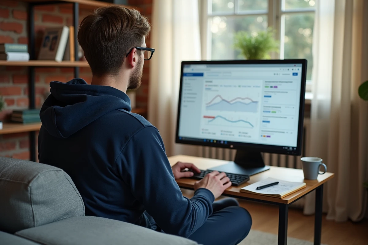 Développeur web travaillant sur le référencement SEO de son site depuis son espace de travail à domicile