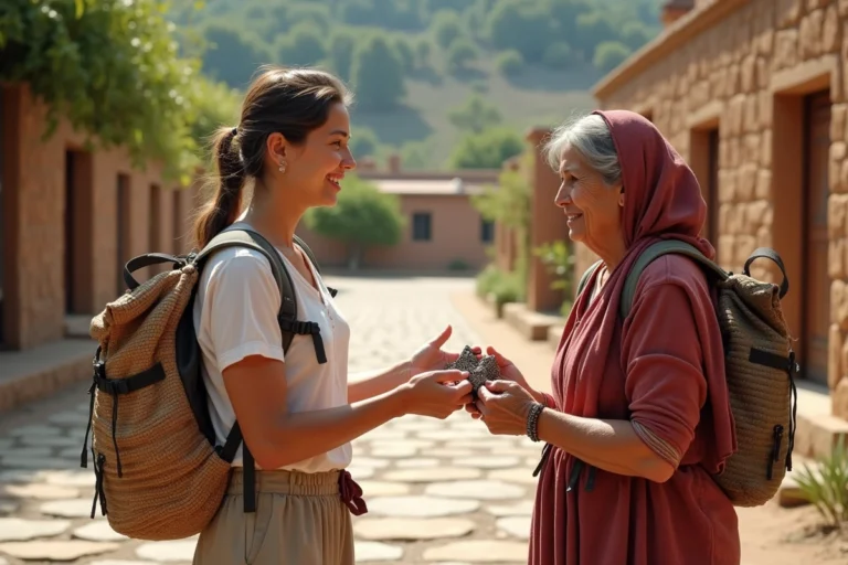 Jeune femme souriante échangeant des crafts avec une femme locale