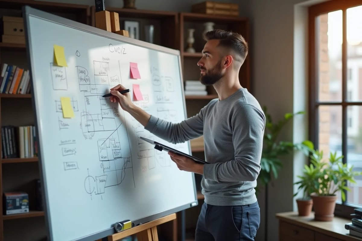 Entrepreneur écrivant les tendances business clés sur un tableau blanc dans un bureau à domicile moderne