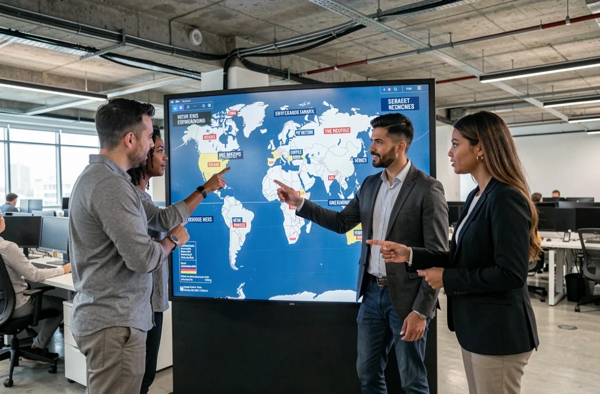 Équipe de journalistes et analystes internationaux réunis autour d'un écran cartographique interactif dans une salle de rédaction moderne, discutant des enjeux géopolitiques mondiaux