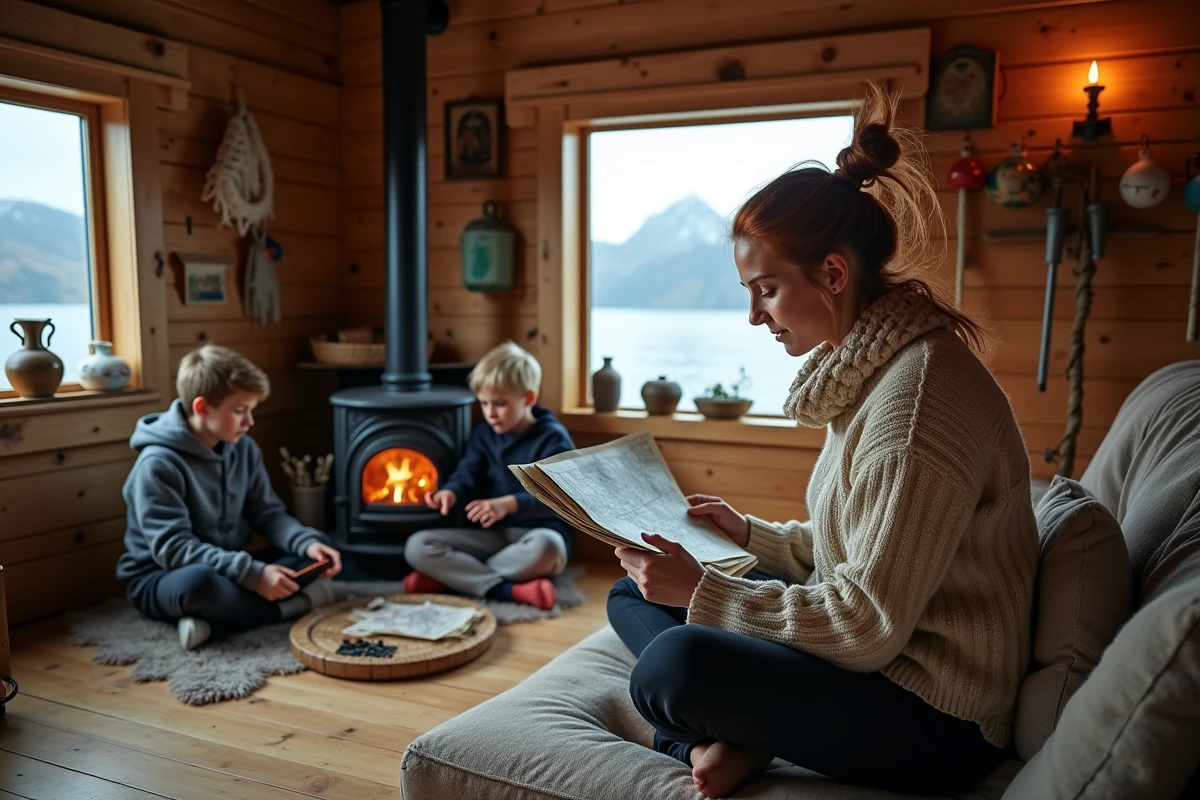 Famille se relaxant à l'intérieur d'un chalet rorbu traditionnel aux îles Lofoten avec poêle à bois et vue sur le fjord