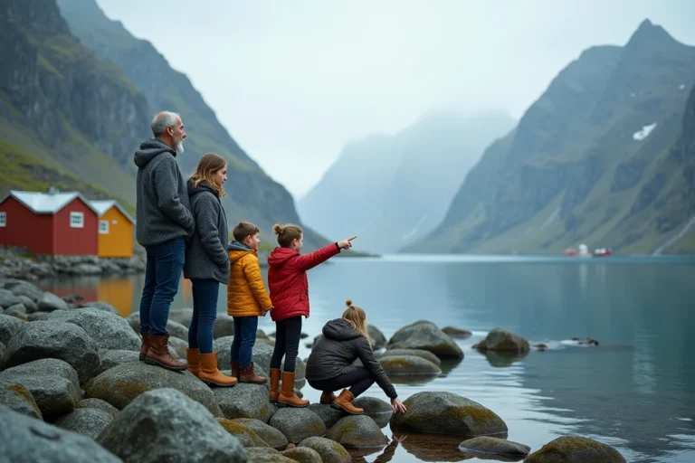 Famille en randonnée sur le rivage rocheux des îles Lofoten avec des chalets rorbu colorés et des montagnes en arrière-plan