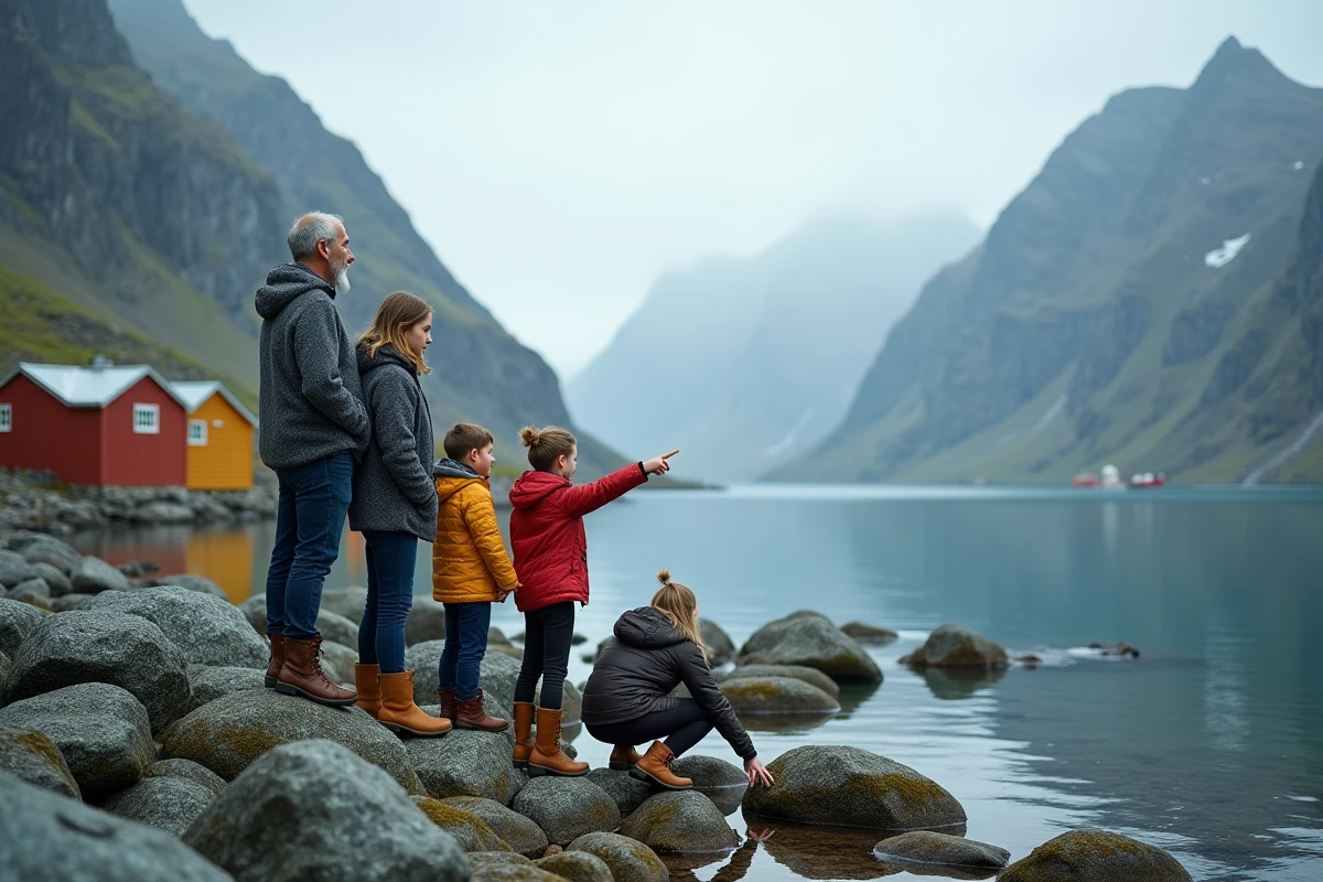 Famille en randonnée sur le rivage rocheux des îles Lofoten avec des chalets rorbu colorés et des montagnes en arrière-plan