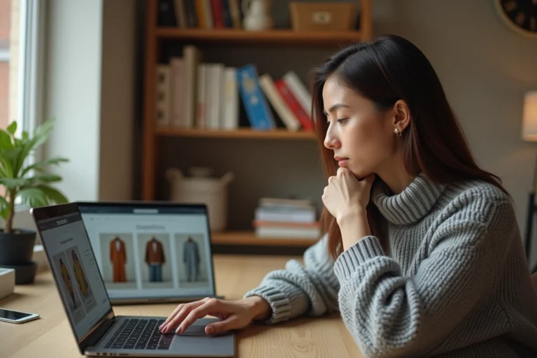 Femme consultant un site de mode en ligne sur son ordinateur portable dans un bureau à domicile