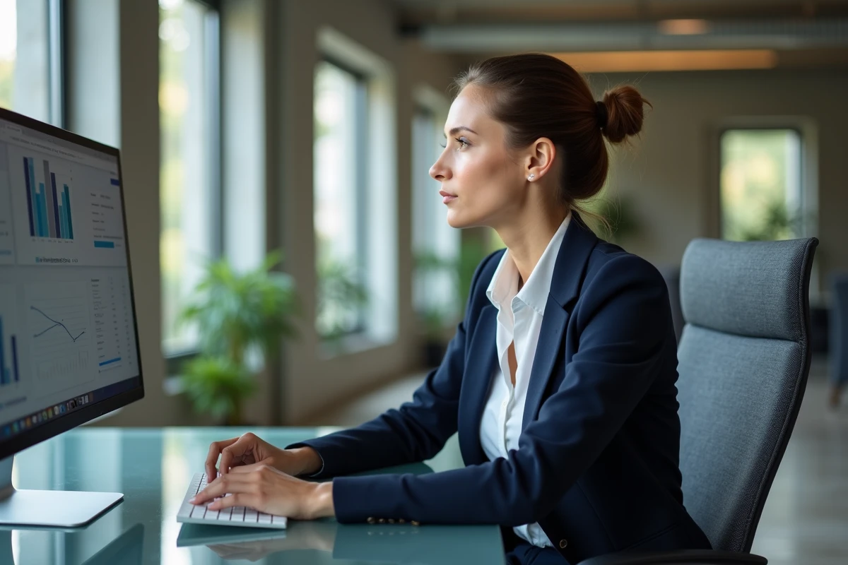 Femme d'affaires analysant des tendances business sur ordinateur dans un bureau moderne en 2024