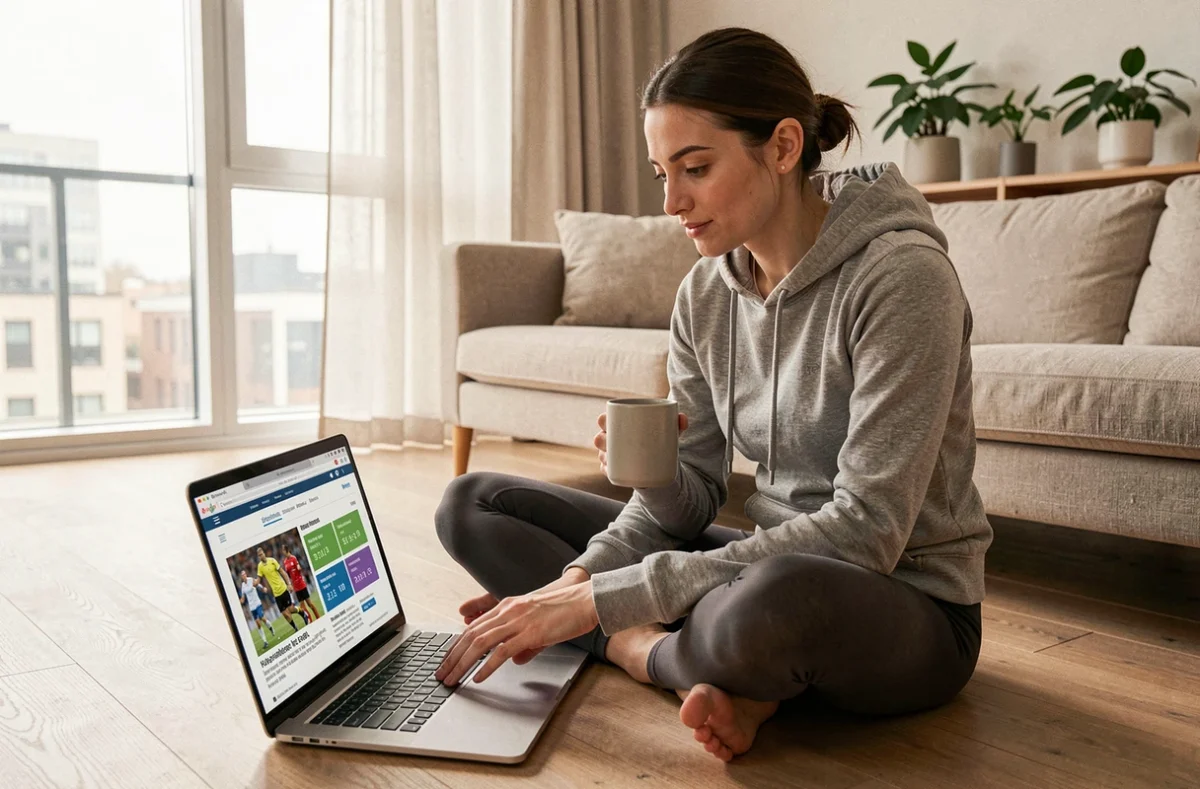 Jeune femme lisant des analyses sportives en temps réel sur un ordinateur portable dans un appartement moderne