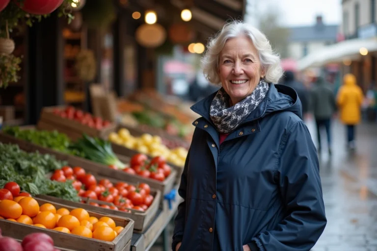 Femme bretonne souriante au marché local en Bretagne