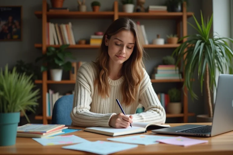 Jeune femme écrivant dans un bureau cosy avec livres et plantes