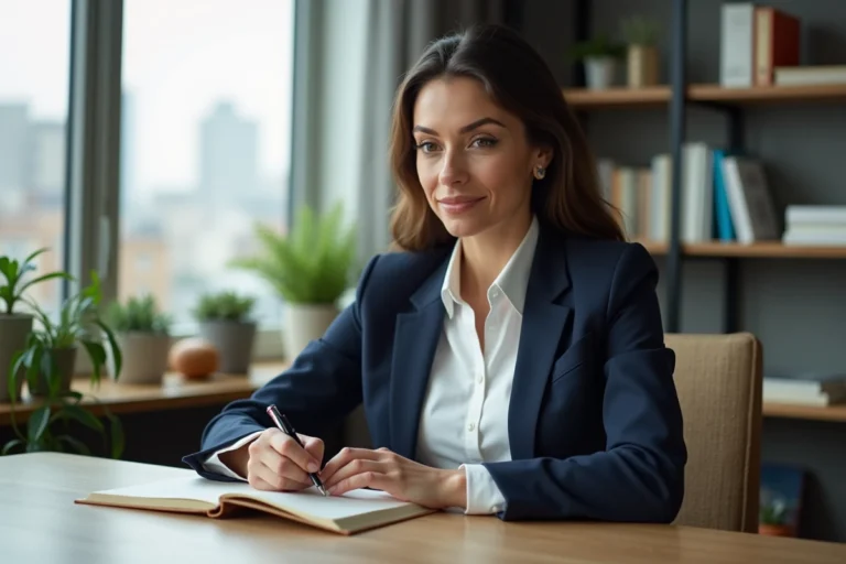 Femme confiante en bureau moderne avec carnet et livres