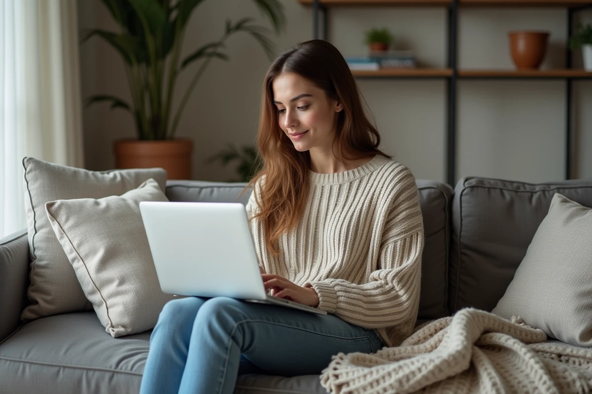 Jeune femme assise sur un canapé avec un ordinateur portable