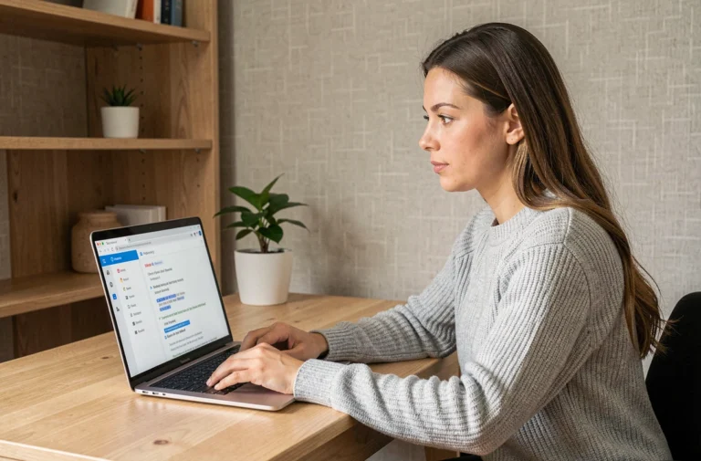 Femme consultant le plan du site d'un journal en ligne sur son ordinateur portable dans un bureau à domicile