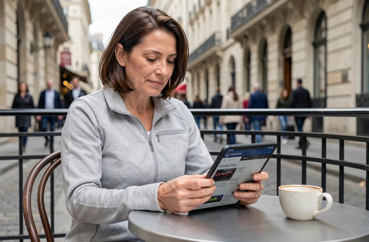 Femme consultant les tarifs et formules du Bol d'Or 2026 sur une tablette en terrasse de café