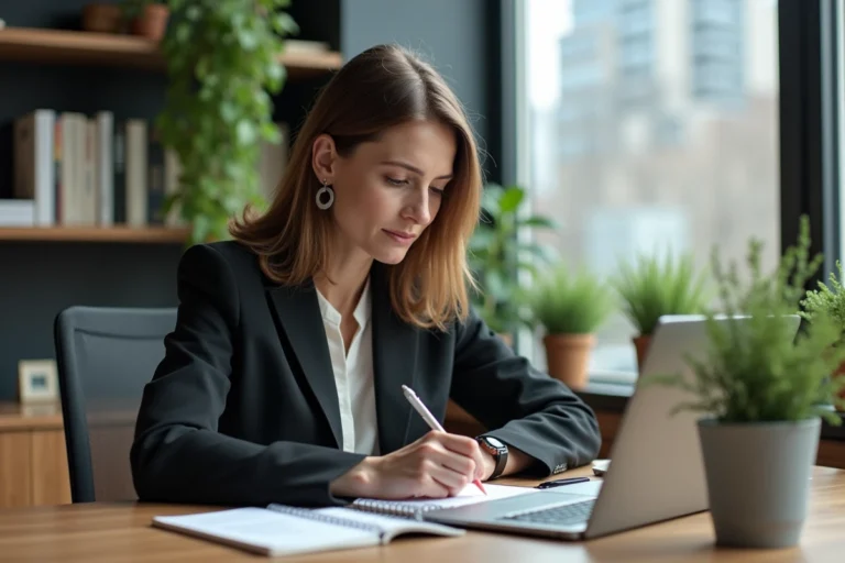 Femme professionnelle concentrée sur son ordinateur dans un coworking