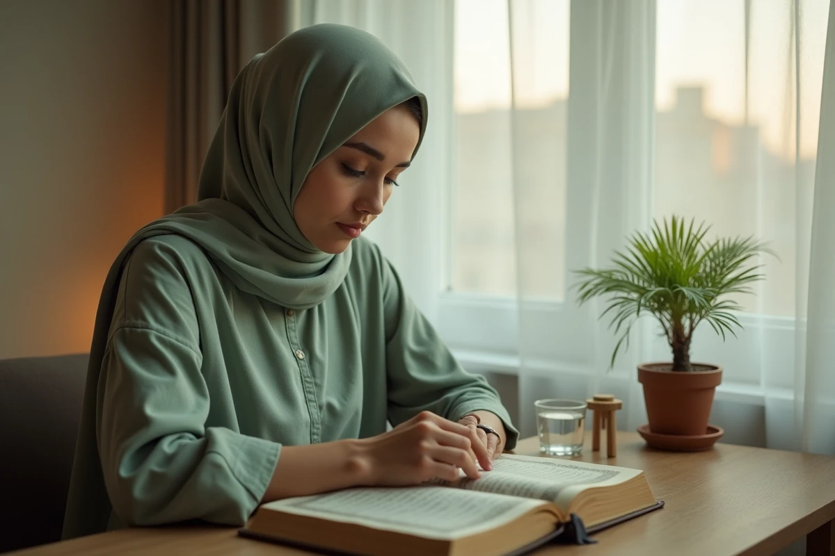 Jeune femme voilée lisant un Coran bilingue français-arabe à son bureau le soir, en lien avec les bienfaits de la sourate Al Mulk