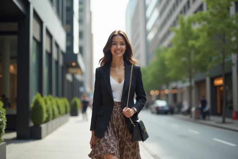 Femme élégante en ville avec blazer et jupe fluide