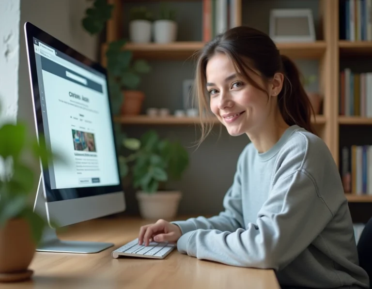 Jeune femme naviguant sur un site web populaire depuis son bureau à domicile en 2025