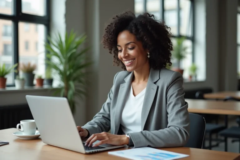Femme professionnelle analysant les performances de son site web sur un ordinateur portable dans un bureau moderne en 2024