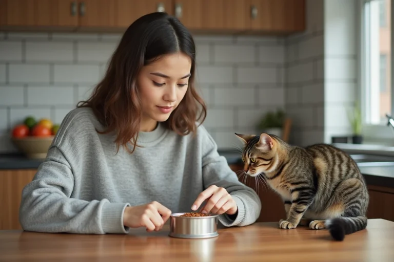 Jeune femme ouvre une boîte de nourriture pour son chat dans la cuisine