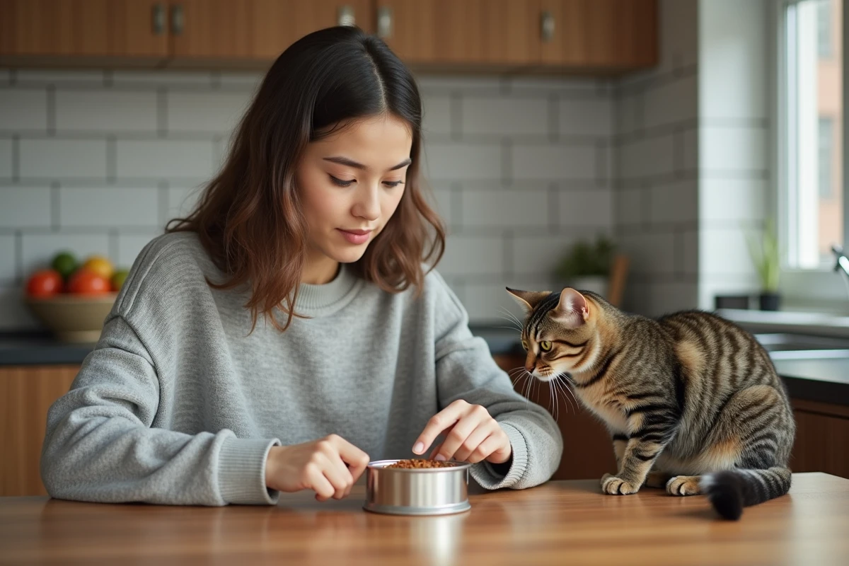Jeune femme ouvre une boîte de nourriture pour son chat dans la cuisine
