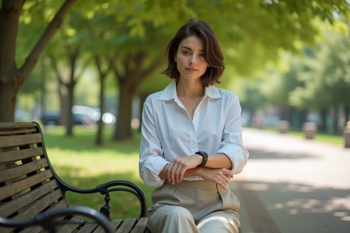 Jeune femme en extérieur ajustant sa montre dans un parc