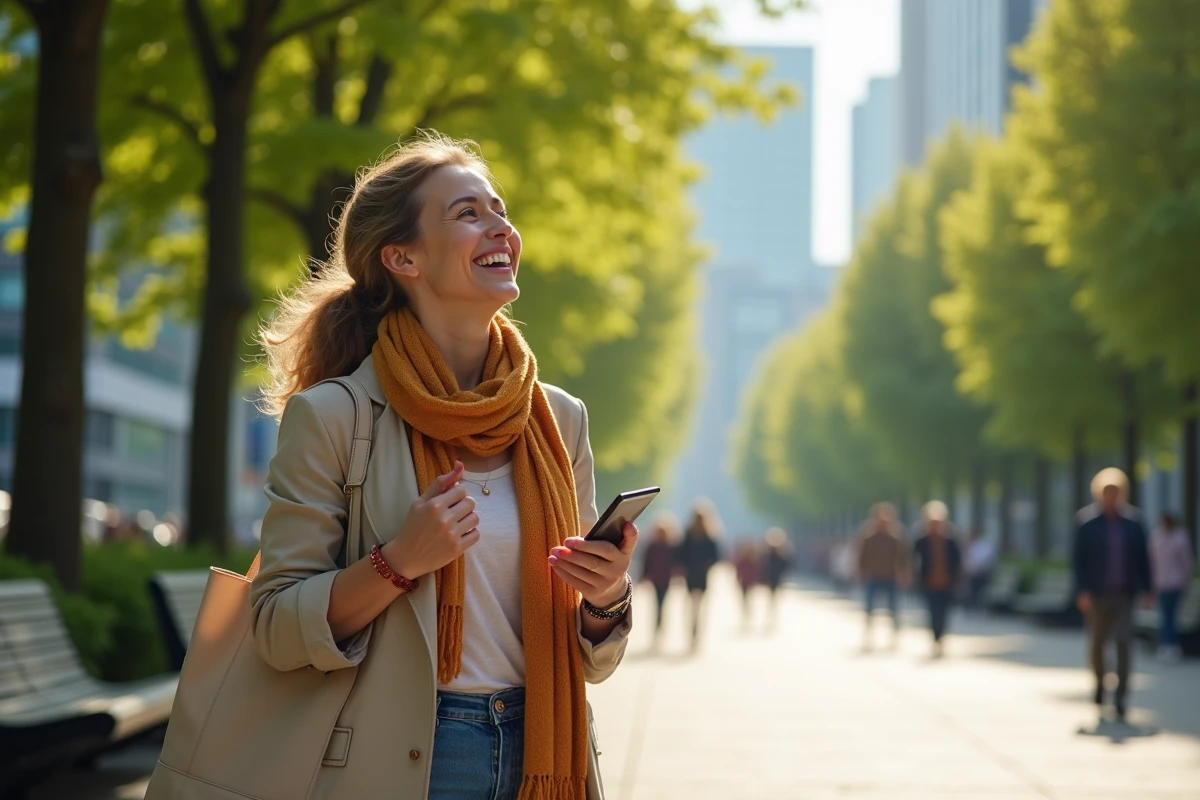 Femme souriante dans un parc urbain ensoleille