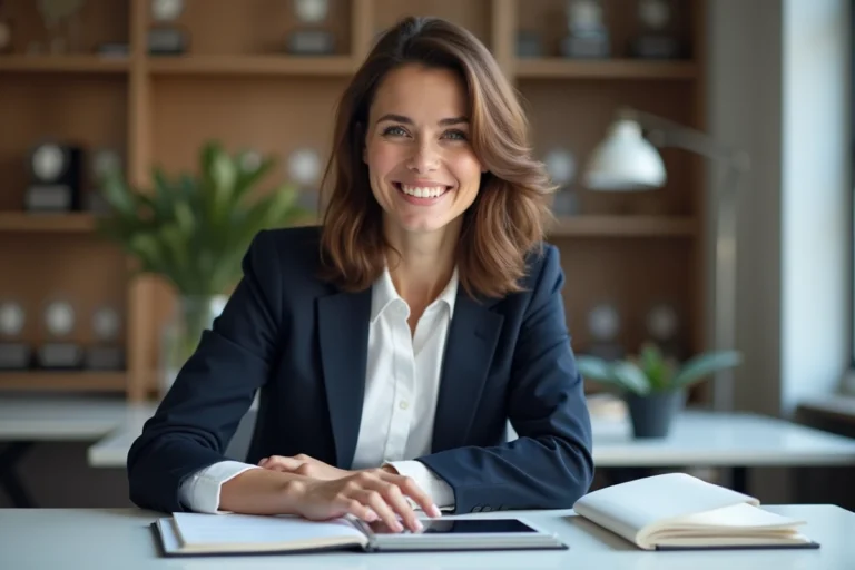 Jeune femme d'affaires parisienne souriante en bureau