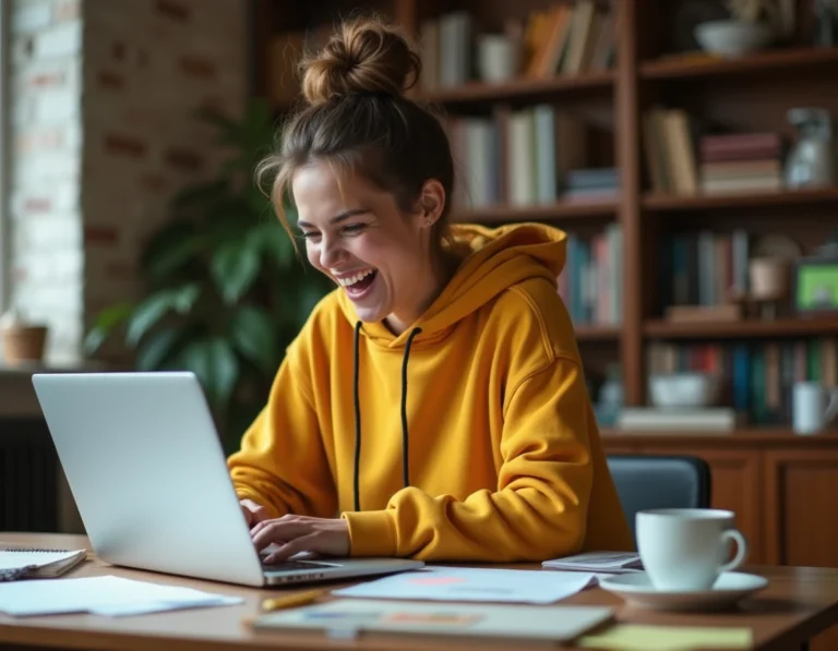 Jeune femme qui rit devant son ordinateur portable en découvrant des actualités insolites sur Internet