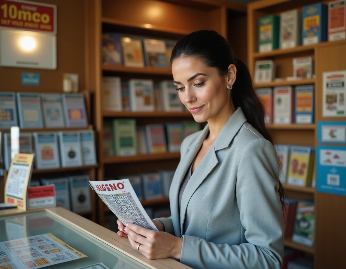 Femme consultant les résultats du Keno dans un bureau de tabac français