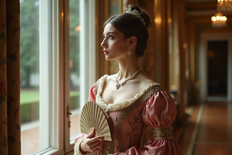 Femme élégante en robe rococo regardant par une fenêtre