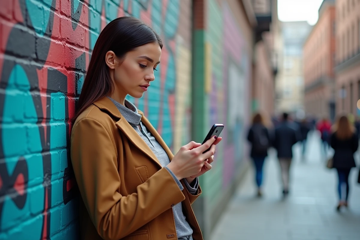 Femme regardant son smartphone dans une rue urbaine