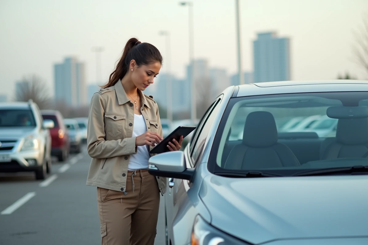 Femme examinant une voiture avec une tablette en extérieur