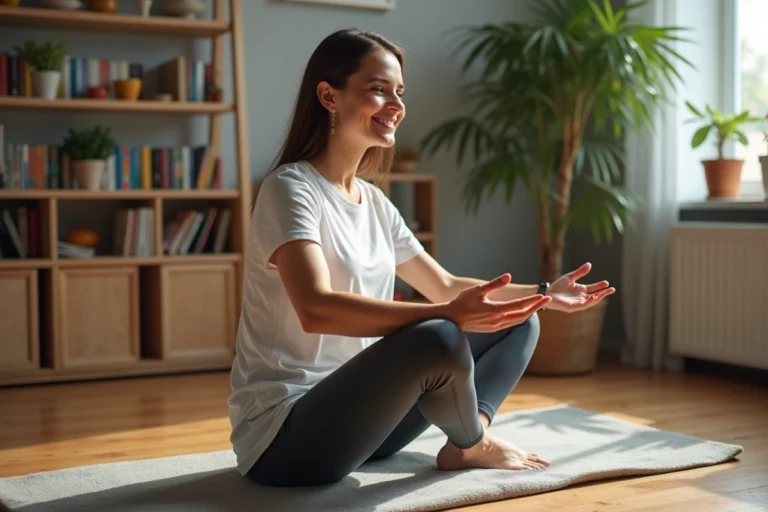 Femme faisant du yoga dans un salon cosy et lumineux