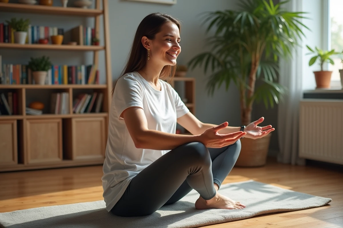Femme faisant du yoga dans un salon cosy et lumineux
