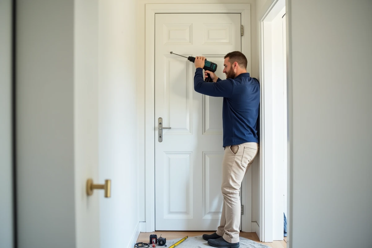 Homme fixant un support de tringle à rideau au mur à côté d'une porte d'entrée blanche moderne
