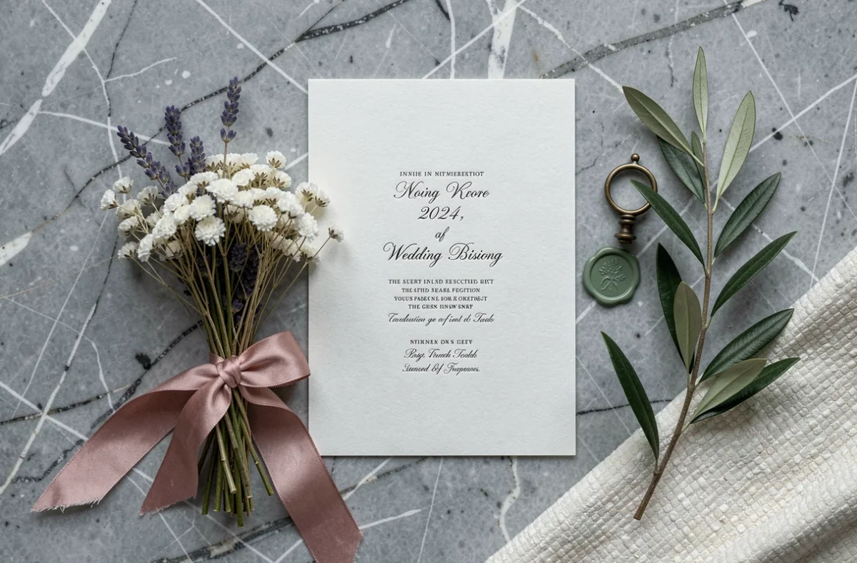 Flat-lay de décoration de mariage tendance 2024 avec faire-part letterpress, bouquet séché, cire à cacheter et accessoires dorés sur marbre