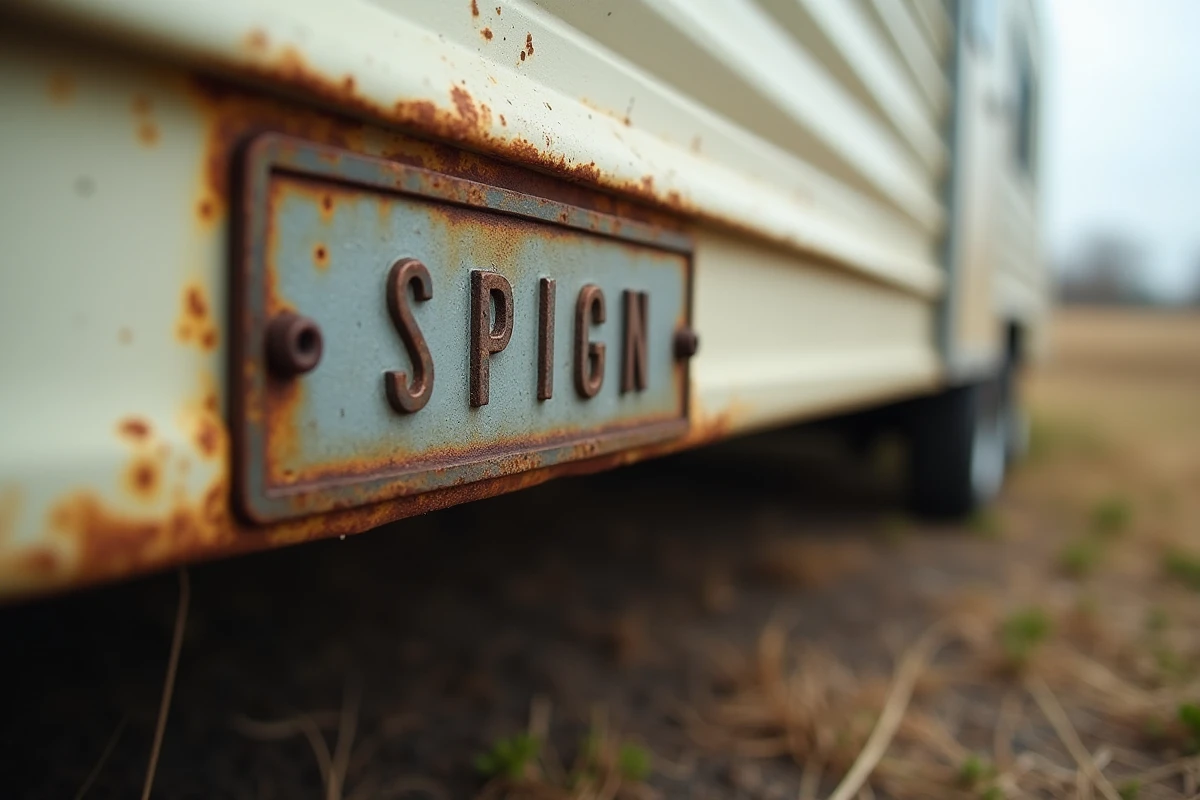 Gros plan sur la plaque d'identification VIN vissée au châssis métallique d'un mobil-home ancien pour identifier l'année de fabrication