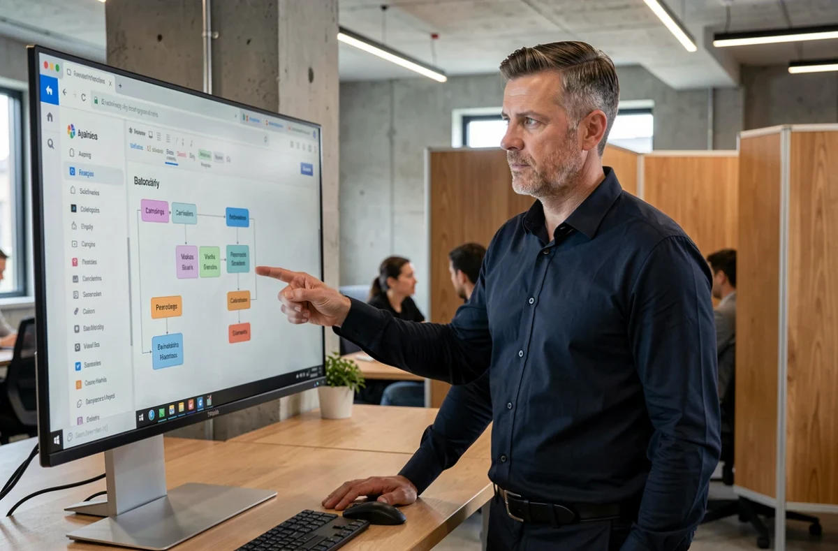 Homme en bureau moderne visualisant la structure d'un site web d'actualités sur un grand écran
